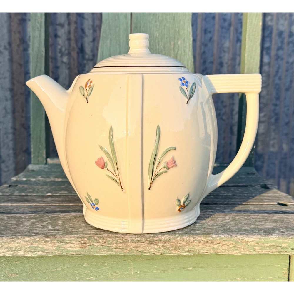 Vintage Porcelier 8 inch Porcelain China Teapot Large Hand Decorated Flowers USA